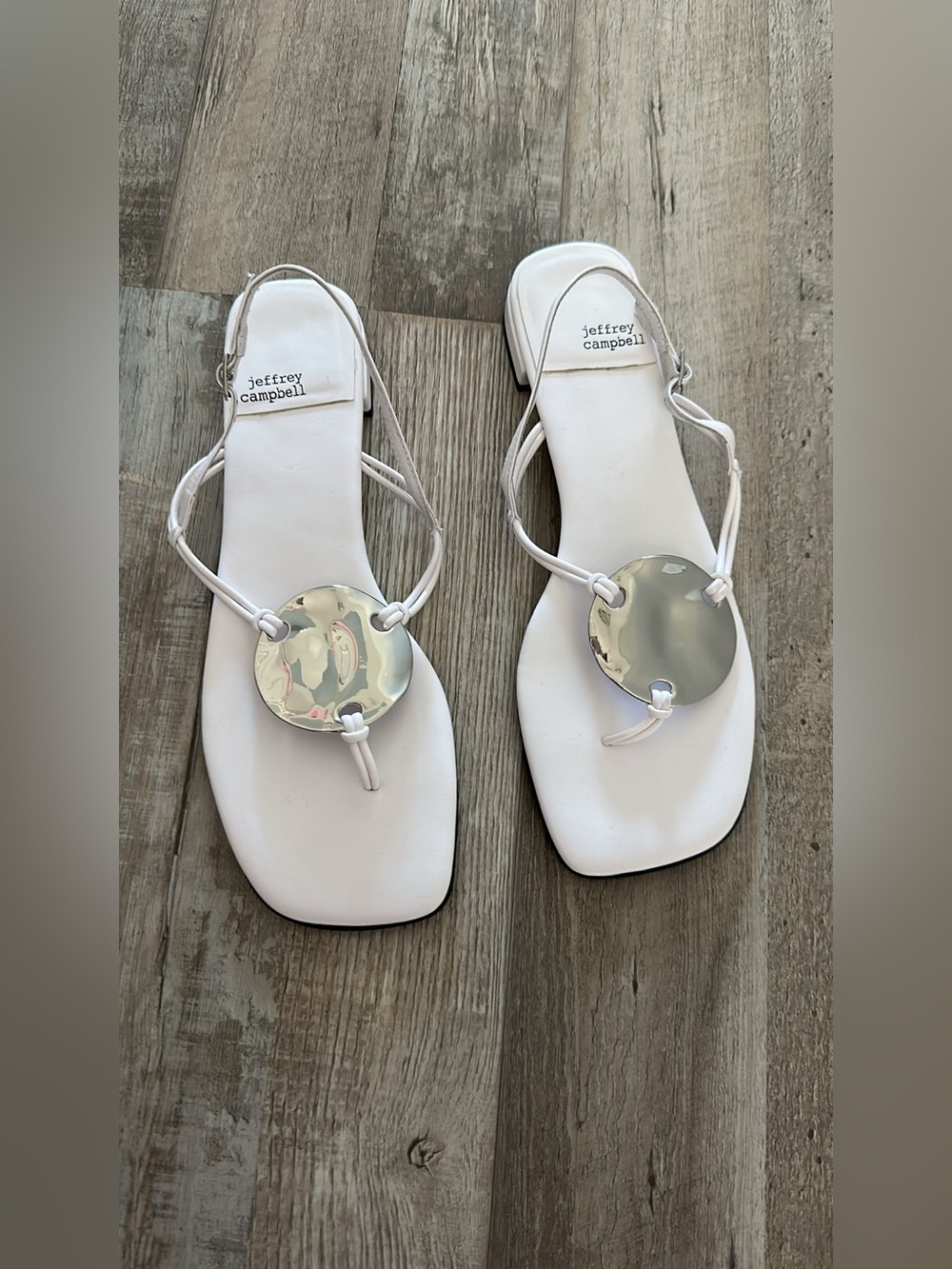 Jeffrey Campbell White Leather Thong Sandals with Silver Accent